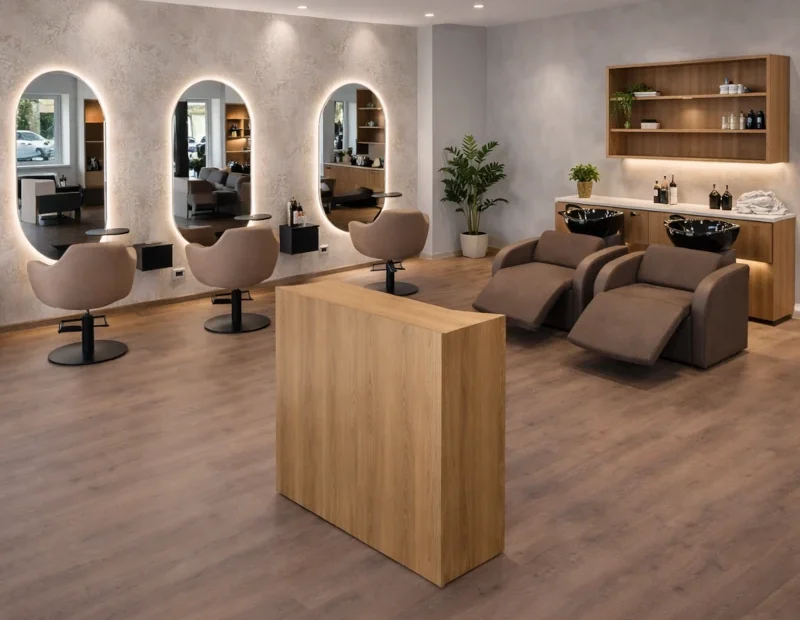 negozio 3 specchi 2 lavatesta eco Green industrial per parrucchieri